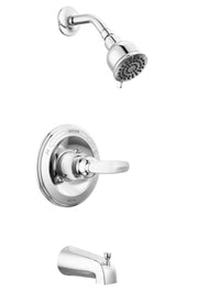 Chrome showerhead with curved arm, round valve trim plate with lever handle, and tub spout against white background.