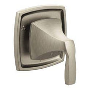Brushed nickel shower diverter valve trim with curved lever handle and square escutcheon plate.