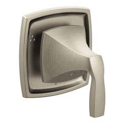 Brushed nickel shower diverter valve trim with curved lever handle and square escutcheon plate.