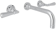 Polished chrome wall-mount lavatory faucet trim with lever handles and curved spout.