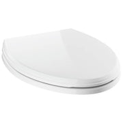 White elongated toilet seat with slow-close lid mechanism and metal hinges.