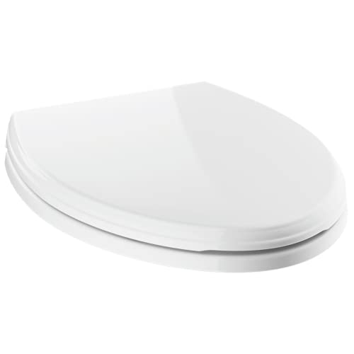 White elongated toilet seat with slow-close lid mechanism and metal hinges.