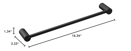 Moen Align matte black single towel bar with cylindrical end caps and mounting dimensions labeled.