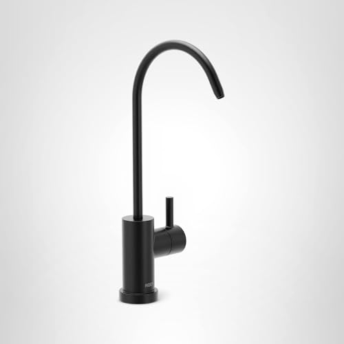 Matte black drinking water faucet with curved gooseneck spout and single side handle.