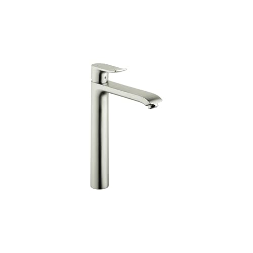 Brushed nickel single-hole bathroom faucet with tall cylindrical body and extended spout.