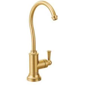 Brushed gold kitchen beverage faucet with curved spout and single lever handle.
