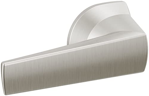 Brushed nickel lever handle with curved design and mounting base for tank toilet.
