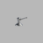 Stainless steel soap and lotion dispenser with angled pump spout and wide circular base.