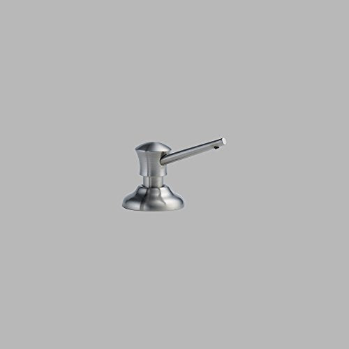 Stainless steel soap and lotion dispenser with angled pump spout and wide circular base.
