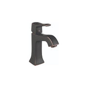 Rubbed bronze single-hole bathroom faucet with angular body, curved spout, and lever handle.