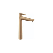 Brushed bronze single-hole bathroom faucet with tall curved spout and lever handle.