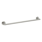 Brushed nickel towel bar with round wall-mounted brackets on each end.
