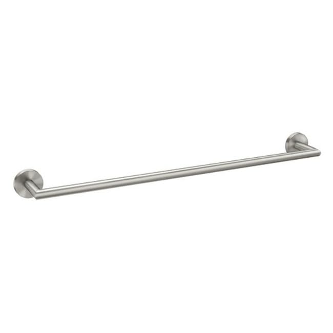 Brushed nickel towel bar with round wall-mounted brackets on each end.
