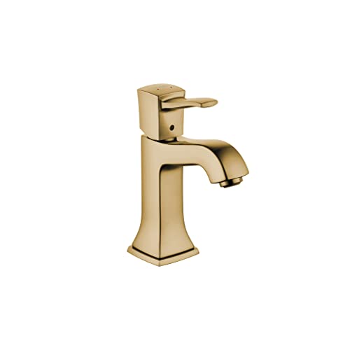 Brushed bronze single-hole bathroom faucet with curved spout and lever handle.