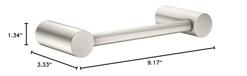 Brushed nickel hand towel bar with cylindrical ends and horizontal rod, shown with dimensions.