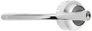 Chrome lever handle with cylindrical mounting base and black circular trim ring, angled view.