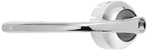 Chrome lever handle with cylindrical mounting base and black circular trim ring, angled view.