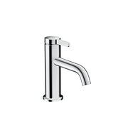 Chrome single-hole bathroom faucet with cylindrical body, curved spout, and lever handle.