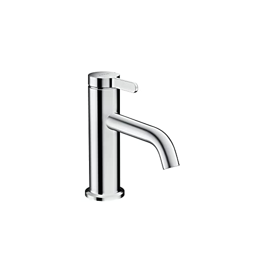 Chrome single-hole bathroom faucet with cylindrical body, curved spout, and lever handle.
