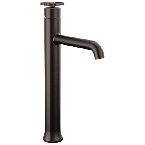 Bronze single-handle vessel bathroom faucet with tall cylindrical body, curved spout, and wheel control on top.