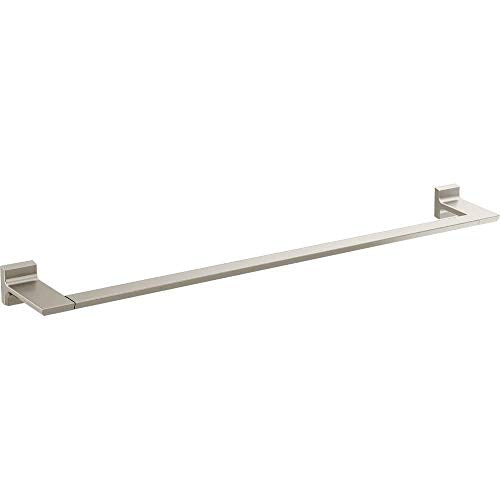 Brushed nickel 30-inch towel bar with angular wall-mounted brackets on each end.
