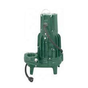 Green submersible sewage pump with cylindrical body, outlet port, and attached electrical cord.