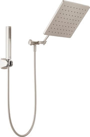 Brushed nickel shower system with rectangular raincan head on adjustable arm and handheld wand with hose.