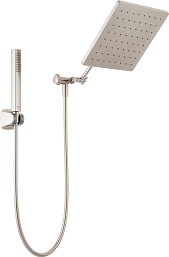 Brushed nickel shower system with rectangular raincan head on adjustable arm and handheld wand with hose.