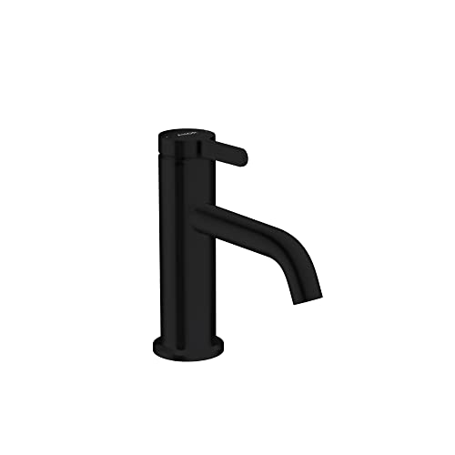 Matte black single-hole bathroom faucet with cylindrical spout and lever handle.