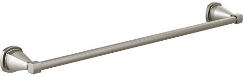 Brushed nickel towel bar with decorative end caps, 24 inches long.