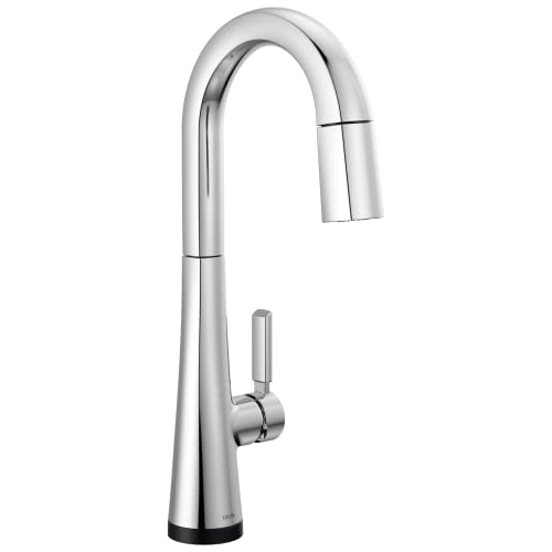 Chrome pull-down bar faucet with curved spout and single lever handle.