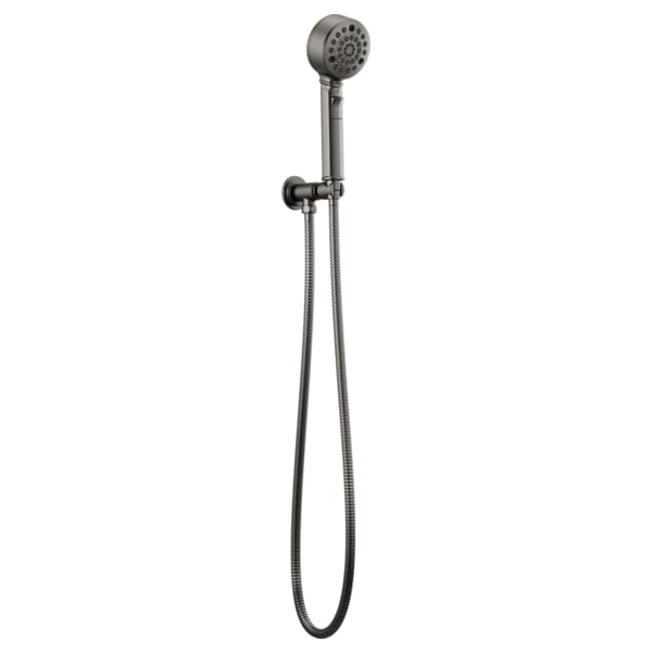 Chrome wall-mounted handshower with flexible hose and adjustable bracket holder.