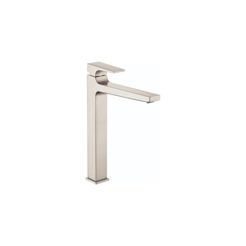 Brushed nickel single-hole bathroom faucet with tall square base, lever handle, and horizontal spout.