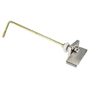 Polished nickel trip lever with brass arm and rectangular mounting plate for toilet tank flush mechanism.