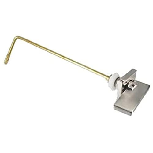 Polished nickel trip lever with brass arm and rectangular mounting plate for toilet tank flush mechanism.