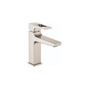 Brushed nickel single-hole bathroom faucet with rectangular spout and loop handle.