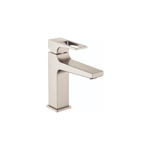 Brushed nickel single-hole bathroom faucet with rectangular spout and loop handle.