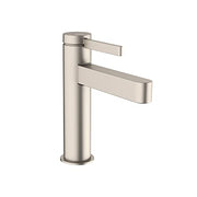 Brushed nickel single-hole faucet with tall cylindrical body and two horizontal lever handles in stacked configuration.
