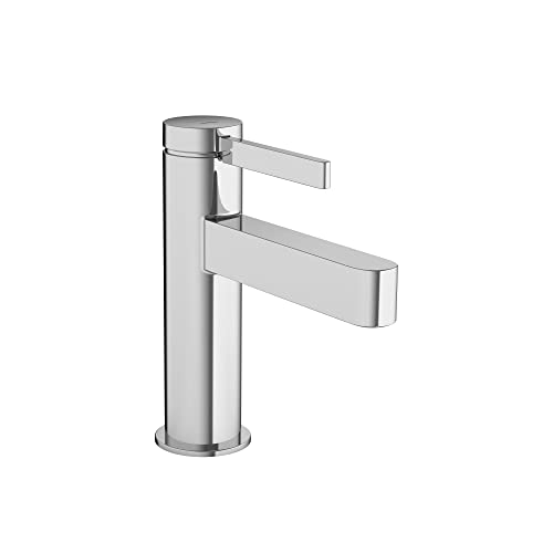 Chrome single-hole bathroom faucet with cylindrical body and two flat rectangular lever handles extending outward.