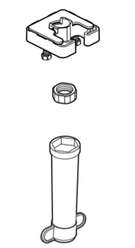 White plastic mounting bracket with integrated clips, threaded cap, and cylindrical extension tube with feet.
