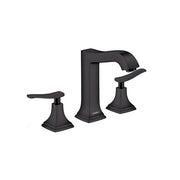 Matte black three-piece widespread bathroom faucet with curved center spout, lever handles, and square pyramid bases.