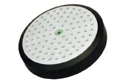 Oil rubbed bronze circular shower head with white spray face and black trim ring.