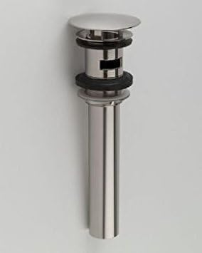 Satin nickel round lavatory drain with overflow and stationary design.