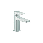Chrome single-hole bathroom faucet with rectangular spout and lever handle.