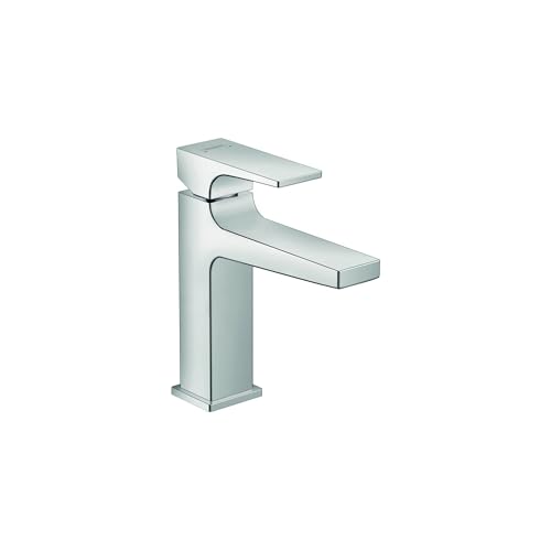 Chrome single-hole bathroom faucet with rectangular spout and lever handle.