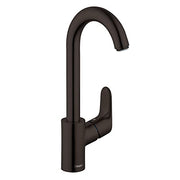 Matte black bar faucet with curved spout and single lever handle.