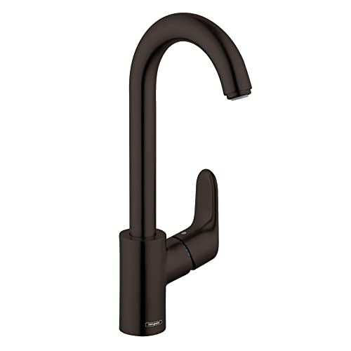 Matte black bar faucet with curved spout and single lever handle.