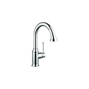 Chrome kitchen faucet with high arcing spout and pull-down spray head.