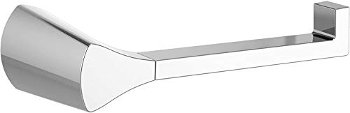 Chrome tissue holder with cylindrical roll compartment and angular wall-mounted bracket.