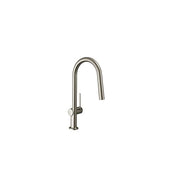Steel optic kitchen faucet with high arc spout and pull-down spray head.